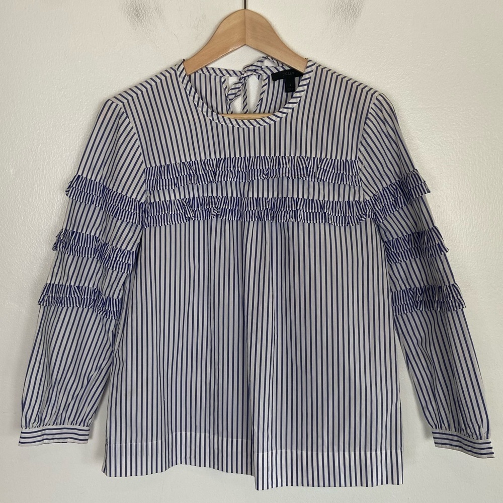J. Crew Women's Boho Top Stripe Ruffle Size 0 Oversized White & Blue Long Sleeve